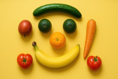 Fruits and vegetables are creatively arranged to form a smiling face on a vibrant yellow surface, highlighting the joy of healthy eating and creativity.の素材