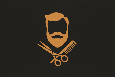 Logo showcases a minimalistic design of a bearded man with scissors and a comb crossed underneath, perfect for a trendy barbershop identity.の素材