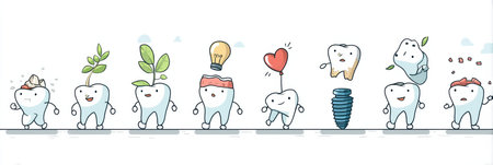 Sequential art depicts a fun journey through tooth loss, showcasing characters that embody dental health and the implant recovery process.の素材