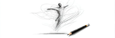An animated pencil sketch depicts a figure gracefully moving through the air, demonstrating fluid motion and artistic expression in real time.の素材