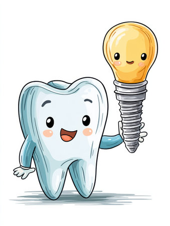 A joyful cartoon tooth character is smiling while holding a tiny dental implant. The vibrant illustration aims to engage children in dental health topics.の素材