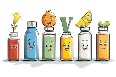 Colorful cartoon vitamins with smiling faces and distinctive labels are arranged neatly against a clean white backdrop, promoting health and wellness fun.の素材