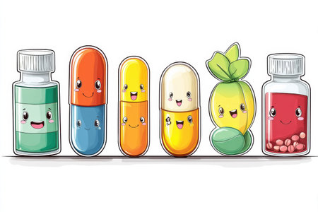 Cartoon vitamins with cheerful faces stand in a row against a clean white backdrop, highlighting their vibrant colors and playful designs for kids and adults.の素材