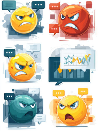 Frustrated emoji icons display anger through expressive faces and speech bubbles, highlighting issues related to trade and market fluctuations.の素材