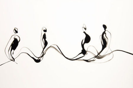 Minimal human figures flow through ink lines, capturing emotions and interactions in an abstract style, showing creativity and fluidity in form.の素材