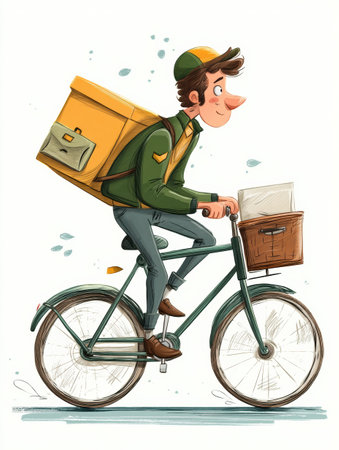 A cartoon-style courier rides a bicycle through a lively street, carrying a package in a basket. The sun shines as he enjoys delivering items to customers.の素材