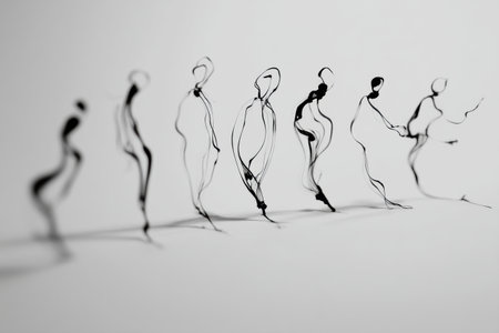 Abstract ink lines form elegant, minimal human figures, conveying a sense of movement and grace in a captivating and unique display.の素材