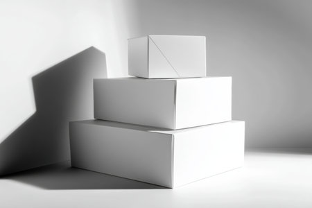 In a bright studio, several white packaging boxes are stacked, casting soft shadows that enhance their shapes and create a minimalistic aesthetic.の素材