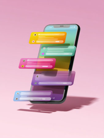 A chatbot communicates order confirmation via phone, featuring a bright, colorful user interface that enhances the interactive experience.の素材