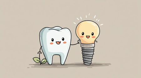 A childlike tooth character smiles while proudly holding a small dental implant. This playful design promotes dental health education for kids.の素材