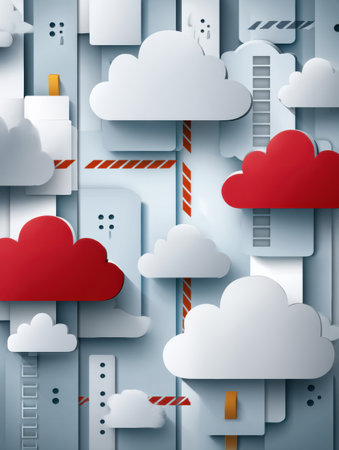 Cloud computing icons are visually represented, showing a disruption caused by national firewalls in digital data transfer processes across regions.の素材