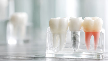 Close view of a white dental implant placed next to a real tooth in a transparent gum model, showing dental technology and anatomy in a clinical environment.の素材