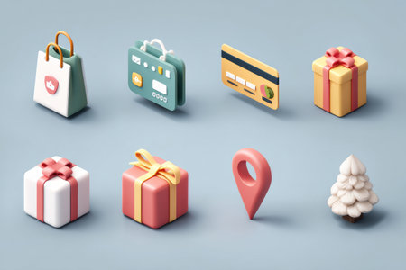A collection of 3D icons showcasing a shopping bag, credit card, gift boxes, a location pin, and a tree, symbolizing shopping and gifting activities.の素材