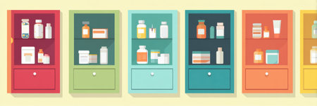Colorful medicine cabinets display various medication bottles and storage solutions in a minimalistic flat design against a light background.の素材