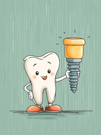 A cartoon tooth character smiles brightly as it holds a tiny dental implant. The fun design features playful colors, catering to a child-friendly theme.の素材