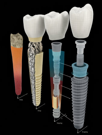 This 3D simulation illustrates the gradual osseointegration of a dental implant over time, showing the interaction between implant and bone structures.の素材