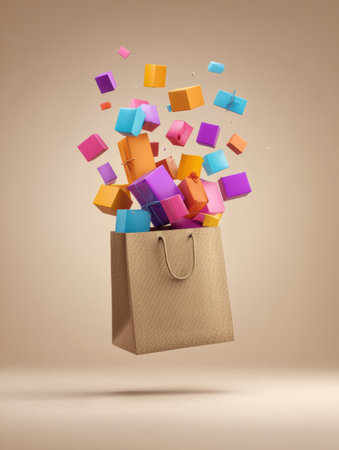 An abstract shopping bag is surrounded by vibrant, floating parcels in various colors, creating an energetic atmosphere of celebration and gift-giving.の素材