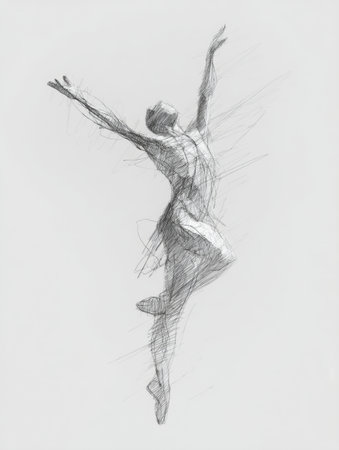 A pencil sketch captures a dancer gracefully leaping through the air, showcasing movement and fluidity in an energetic presentation of dance.の素材