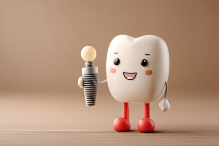 A cheerful cartoon tooth character stands with a tiny dental implant in hand, showing a bright smile in a warm and inviting space.の素材
