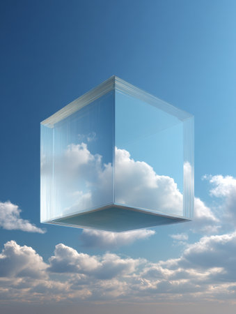 A transparent box hovers in the clear sky, capturing reflections of fluffy clouds, creating an intriguing visual contrast on a sunny day.の素材