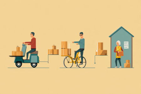 Animation depicts the journey of packages from a warehouse to a home, showcasing delivery by scooter and bicycle to a waiting recipient.の素材