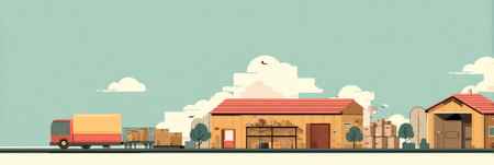 Animated visuals depict the journey of a delivery truck transporting goods from a warehouse to a residence, emphasizing the logistics process.の素材