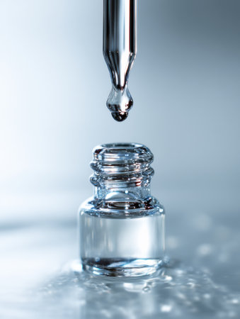 A droplet of medicine hovers above a clean glass vial, illustrating the precision and focus on pharmaceutical formulations in a clinical setting.の素材