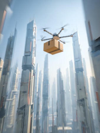 A drone navigates through a skyline of futuristic buildings while delivering a parcel high above the bustling city below during daytime.の素材