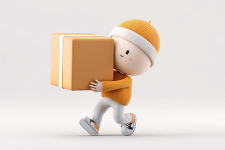 A charming 3D mascot character with a big box is playfully trotting on tiny legs. The character wears a cozy outfit and exudes a fun and lively spirit.の素材
