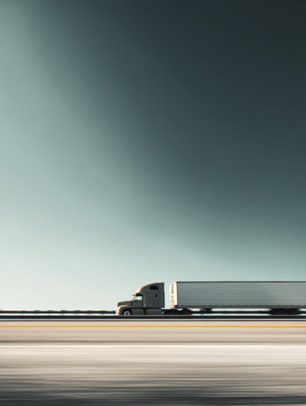 A large express truck speeds along a deserted highway, cutting through a vast and minimalist landscape, reflecting the tranquility of the surroundings.の素材
