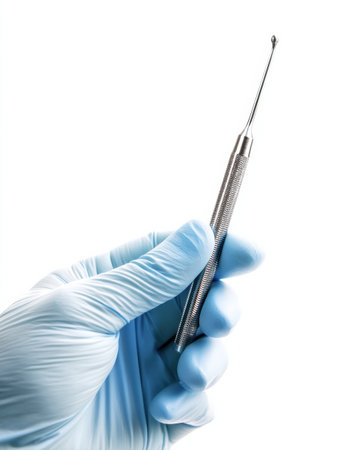 A dental professionals gloved hand holds a specialized implant tool, poised for use in oral procedures.の素材
