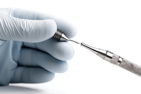 Gloved dentist hand holds an implant tool over a clean white background, ready for a dental procedure involving tooth restoration and health.の素材