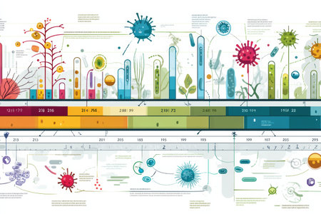 Detailed infographic illustrates the timeline of bacterial mutations and evolution of drug resistance over the years, showing key milestones and impacts.の素材