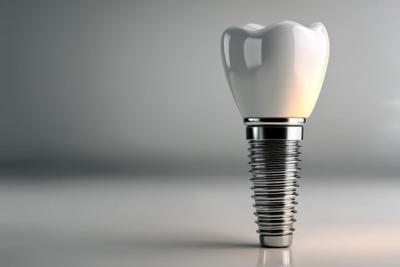 The floating tooth implant assembly highlights the intricate design and engineering of implants with fine textures and soft shadows on a smooth background.の素材