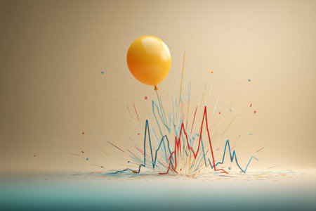 A balloon labeled Economy inflates higher until it bursts, symbolizing financial instability, with colorful lines depicting market trends scattering around.の素材