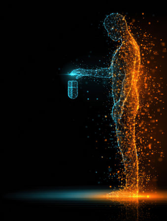 A digital body silhouette holds a smart pill that dissolves, showcasing advances in healthcare, technology, and innovative drug delivery systems.の素材