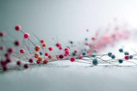 Bacterial colonies flourish around a DNA strand, visually representing the impact of genetic mutations on microbial life in a laboratory setting.の素材