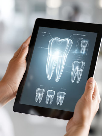A dentist displays a 3D tooth scan on a digital tablet in a modern office while talking to a patient.の素材