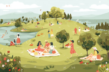Friends and families gather on a sunny green hill for a summer picnic, enjoying food, laughter, and activities near a tranquil lake.の素材