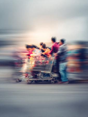 Shoppers rush through a checkout line influenced by an online sale, causing a lively blur of excitement and urgency during the shopping experience.の素材