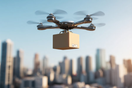 A delivery drone hovers above a bustling urban skyline, carrying a small cardboard package as it navigates through the clear blue sky.の素材