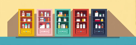 Five vibrant medicine cabinets showcase an array of bottles and containers filled with health products, positioned against a soft background.の素材