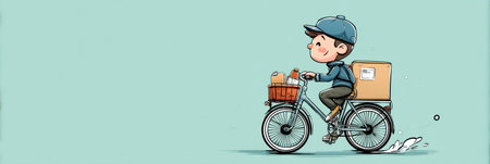 A cartoon-style courier joyfully rides a bicycle along a vibrant street, delivering packages in a basket as the sun shines brightly overhead.の素材