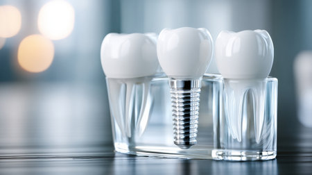 A clear, detailed representation of a dental implant placed next to a natural tooth in a transparent gum model, illustrating oral health technology.の素材