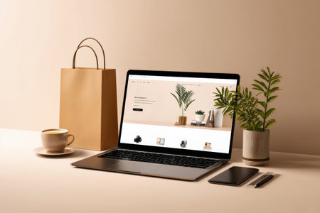 Online shopping experience highlighted with an elegant checkout page on a laptop, accompanied by a coffee cup and decorative plants in a cozy environment.の素材