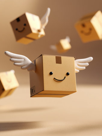 In a playful environment, cheerful boxes with smiling faces and wings gracefully soar through the air, embodying a joyful delivery experience.の素材