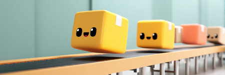 Cartoonish parcels with vibrant colors hop excitedly on a conveyor belt, adding fun to the busy atmosphere of a warehouse during daytime operations.の素材