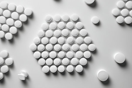 Artfully placed pills create a striking geometric pattern against a clean white backdrop, illustrating a unique blend of minimalism and creativity in design.の素材