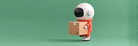 A charming 3D mascot character in an orange suit and helmet walks on small legs while carrying a large box against a soft green backdrop.の素材