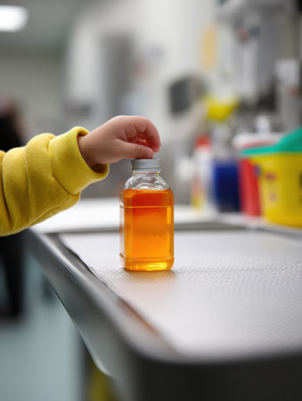 A child in a yellow sweater is reaching toward a syrup bottle on a medical table. The setting is a healthcare facility, filled with various supplies.の素材